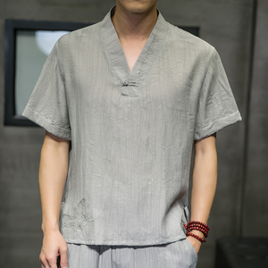夏季新款男原创盘扣宽松唐装衬衣中国风绣花短袖衬衫浅灰 C31-P55图片