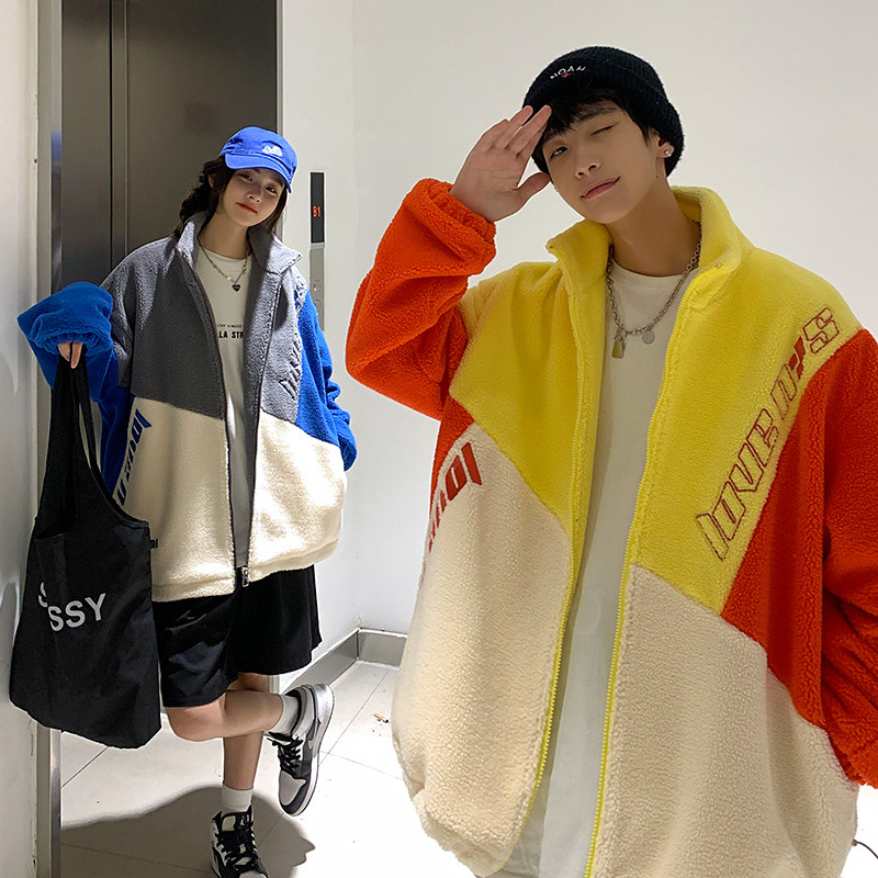 2026冬季新款港风撞色拼接卫衣羊羔毛外套情侣男女夹克GJ30-P105,男装夹克,电商B277(原6028)