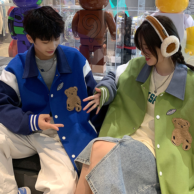 2026冬季新款情侣港风原创小熊毛呢棒球夹克外套GJ25-P115,男装夹克,电商B277(原6028)