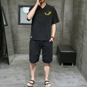 夏季新款男中国风棉麻套装刺绣两件套短袖+短裤灰色A18-P55,混血明星穿搭高级图片