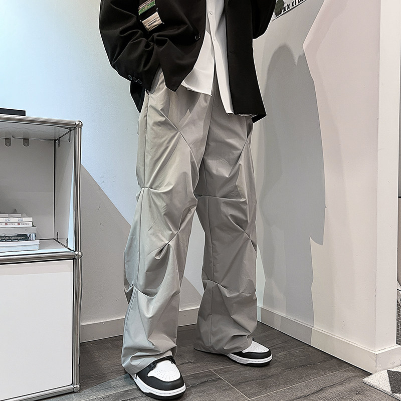 2025春夏新款港风特殊褶皱vibe长裤拼接休闲工装裤黑色GK90-P50,男装工装外套,电商B277(原6028)