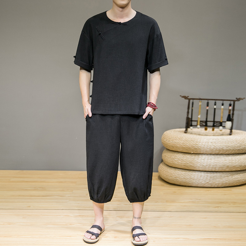 夏季新款男风冰丝套装盘扣两件套短袖+七分裤灰墙绿A22-P95,男装牛仔裤,电商B277(原6028)