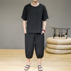 夏季新款男风冰丝套装 盘扣两件套短袖+七分裤灰墙绿 A22-P95图片