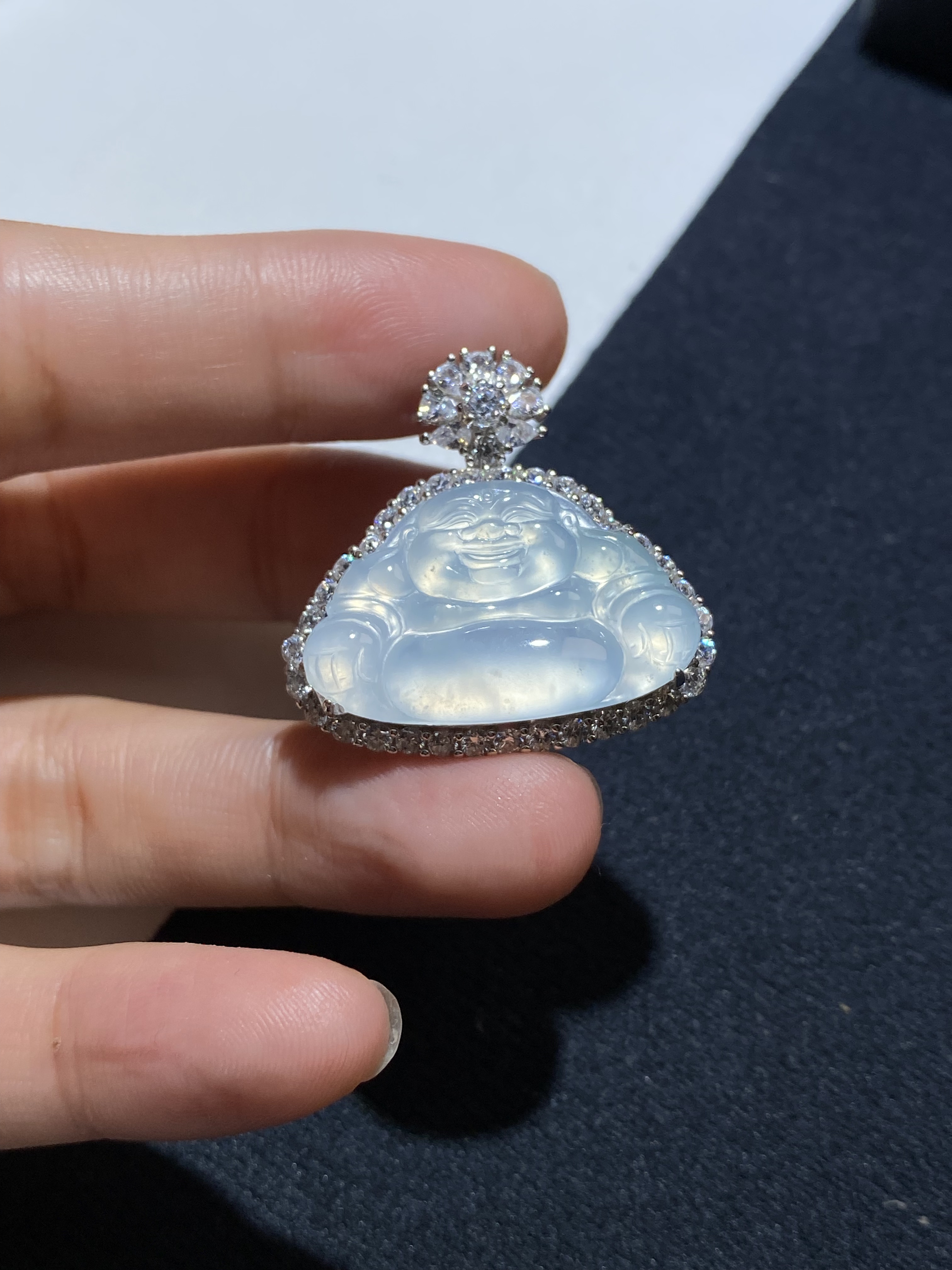 S925银镶嵌天然缅甸翡翠A货冰种佛公吊坠，裸石26.4*16.3*3.8MM