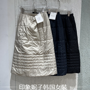 松紧腰显瘦压格开叉中长款 时尚 夹棉半身裙5638 新款 欧洲站2025冬季