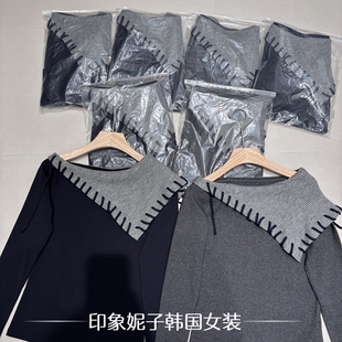 歐洲站2025秋季 時尚 拼接撞色長袖 T恤上衣女 新款