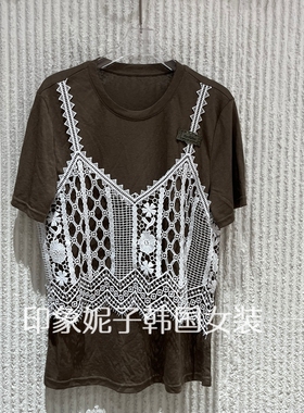 现货欧洲站2026夏季新款休闲镂空吊带拼接短袖T恤吊带两件套56018