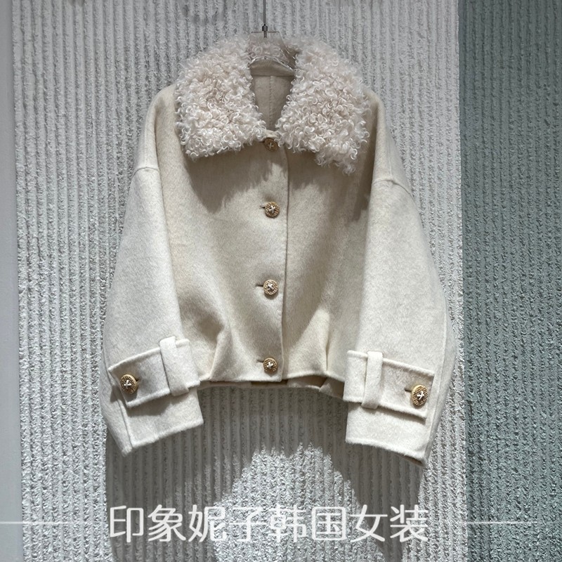 欧洲站2025冬季新款时尚翻领毛毛拼接短款羊绒大衣气质毛呢外套女,女装/女士精品,短外套,淘宝优惠券,粉丝福利购,淘宝优惠卷