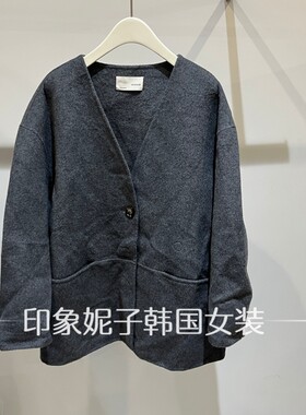 韩国进口秋冬V领毛呢短款大衣