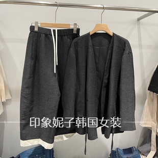 欧洲站 2026 秋季麻料 V 领绑带外套拼边阔腿裤休闲套装
