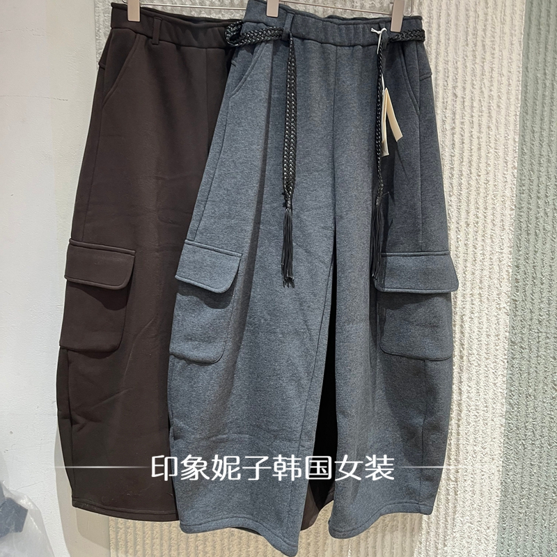 欧洲站2025冬季新款 时尚松紧腰系带宽松口袋加绒工装休闲裤89006