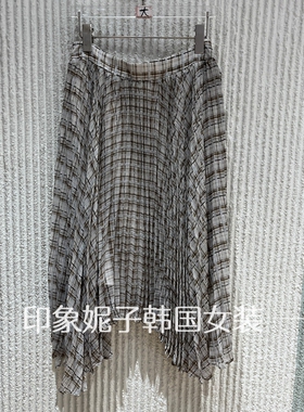 现货欧洲站时尚洋气格纹百褶半身裙女不规则镂空蕾丝中长裙68885