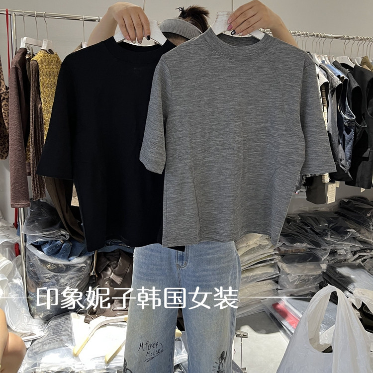 欧洲站2025秋季新款时尚圆领短袖T恤女修身显瘦打底衫上衣