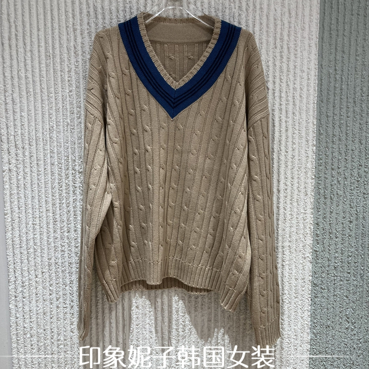 欧洲站2025秋季新款时尚V领麻花针织衫毛衣女2512
