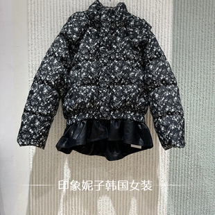 欧洲站2025冬季新款 时尚连帽拼接皮料洋气碎花鸭绒羽绒服251179