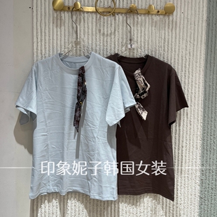 欧洲站2026夏新款 百搭显瘦丝巾领结装 饰圆领短袖 T恤68625 PH23时尚