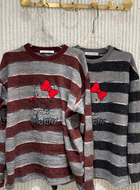 欧洲站2025冬季新款over时尚圆领条纹卡通宽松显瘦长袖T恤女63713