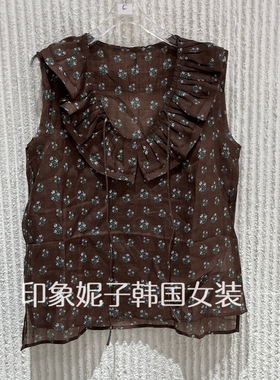 现货欧洲站2026夏季新款女装荷叶边V领碎花无袖圆领衬衫68999