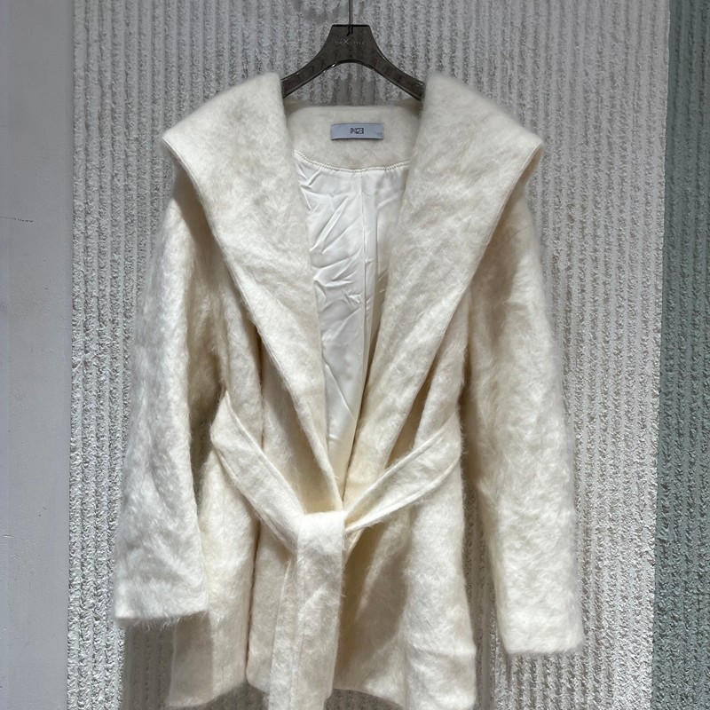 欧洲站2025冬季新款连帽系带收腰中长款毛呢大衣女通勤质感外套