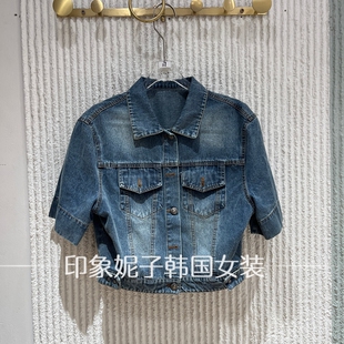 欧洲站2026夏新款复古牛仔风翻领单排扣短袖短款牛仔外套女040108