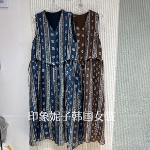现货欧洲站2026夏季新款V领印花无袖连衣裙女几何条纹长裙0061