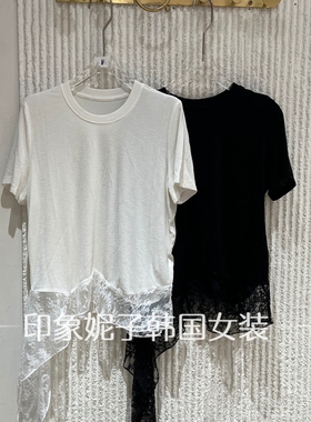 欧洲站2026春季新款下摆拼接蕾丝系带短袖棉t恤女洋气上衣潮26074