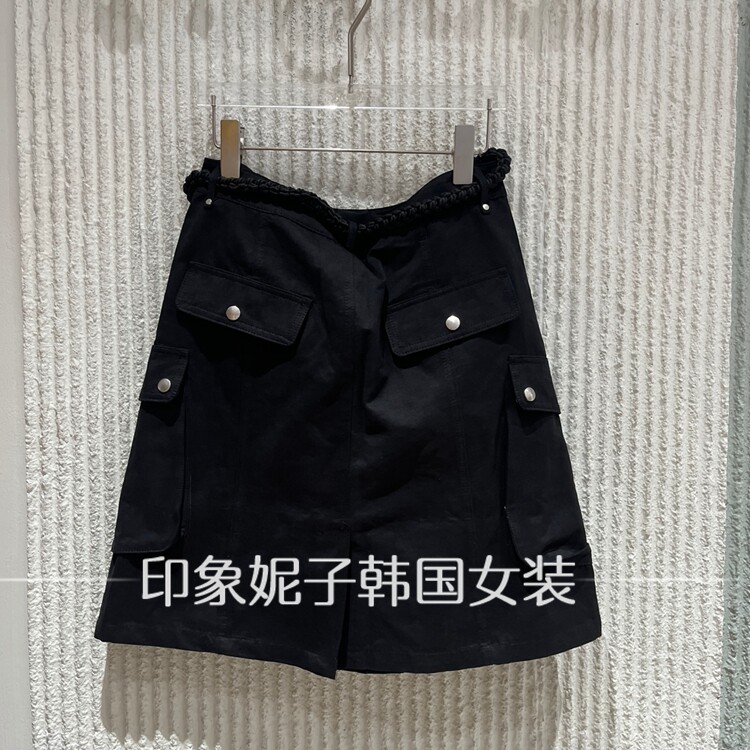 欧洲站2026夏新款工装风黑色多口袋半身裙女高腰A字中长裙6033
