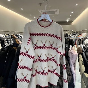 欧洲站2025圣诞风圆领长袖 女宽松百搭显瘦条纹毛衣 山羊绒针织衫