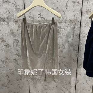 韩国进口 2026 秋季新款浅灰蕾丝半身裙女松紧腰中长款 A 字裙