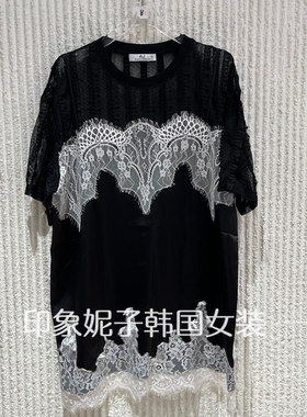 现货欧洲站2026夏新款时尚蕾丝拼接假两件T恤女百搭洋气上衣8201