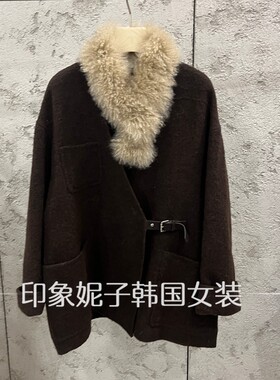 韩国进口秋冬V领毛呢大衣女