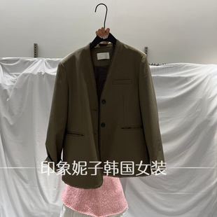 欧洲站 2026 秋冬 V 领包边西装外套女宽松复古气质西服上衣