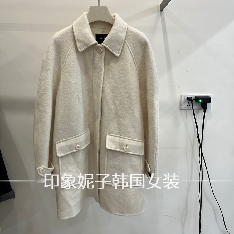 韩国进口2026冬季新款翻领毛呢外套女中长款口袋羊毛气质大衣