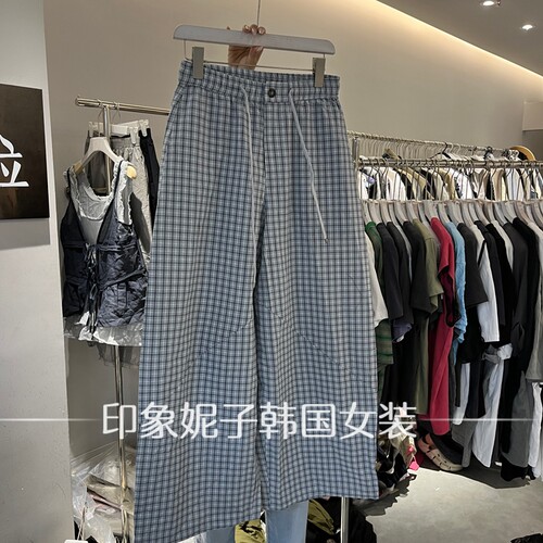 现货欧洲站高腰抽绳格子阔腿裤