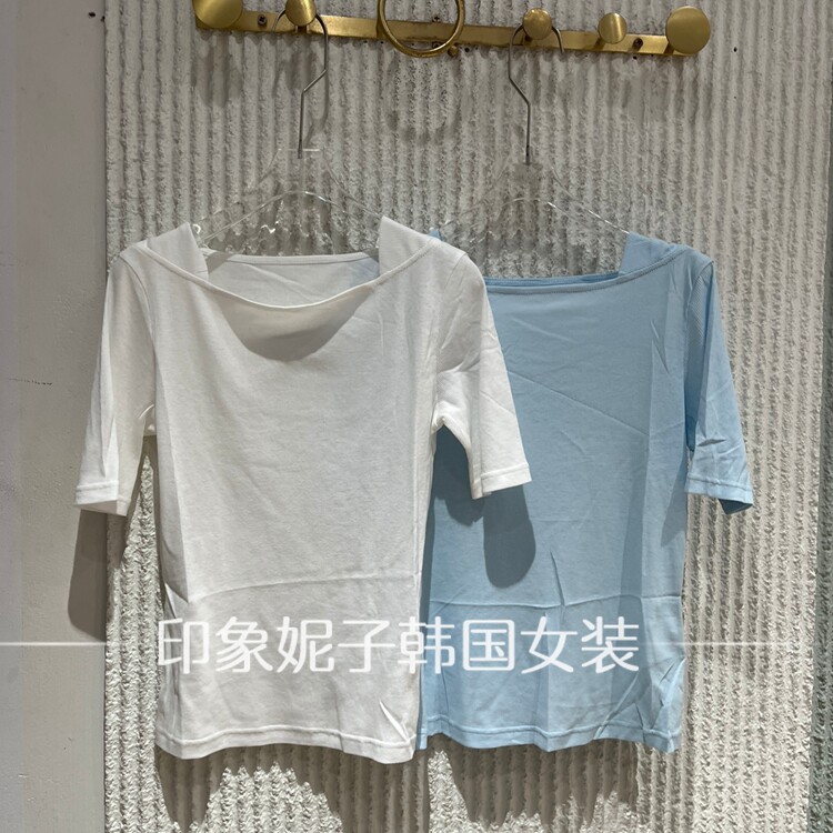 现货欧洲站2026夏五分袖一字领T恤女百搭休闲松弛感上衣68787