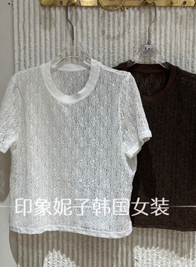 欧洲站2026夏新款时尚百搭显瘦圆领短袖蕾丝T恤女潮上衣26654