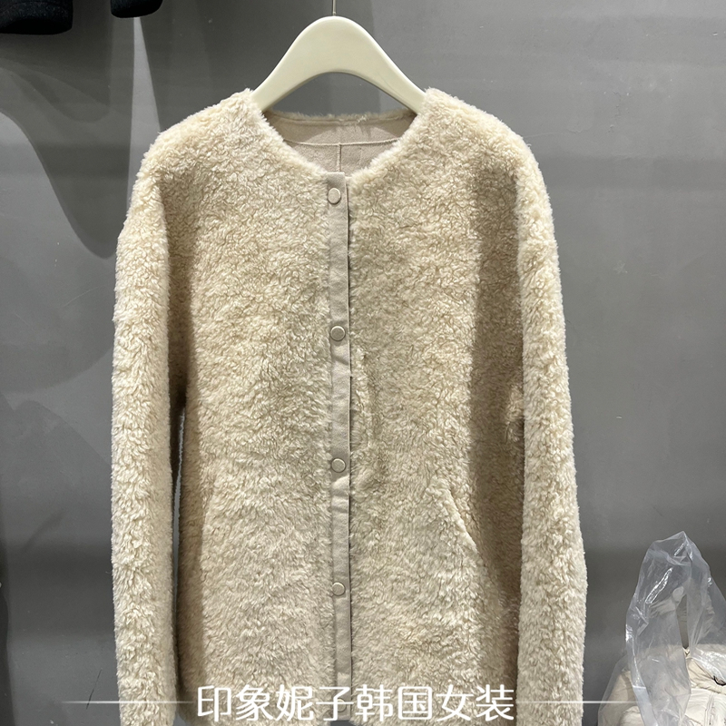 韩国进口2025冬季皮毛一体羊羔毛外套女圆领拉链短外套宽松显瘦