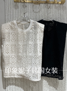 欧洲站2026夏新款镂空钩花无袖针织马甲女洋气垫肩背上衣26674