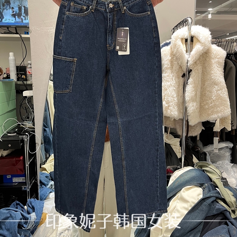 欧洲站2025冬季新款系扣口袋设计水洗直筒牛仔裤女深蓝色休闲裤