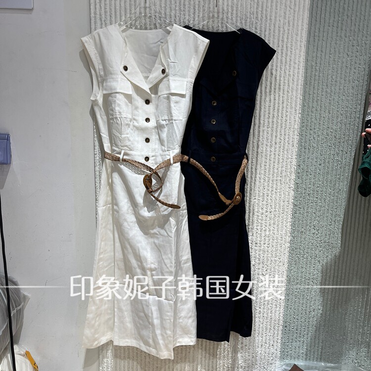 现货欧洲站2026夏季新款休闲腰带双排扣无袖女士连衣裙732