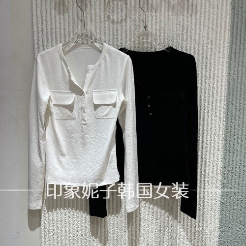 欧洲站秋冬半开扣修身长袖T恤