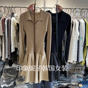 欧洲站2026秋季新款长袖休闲纽扣翻领针织连衣裙女装