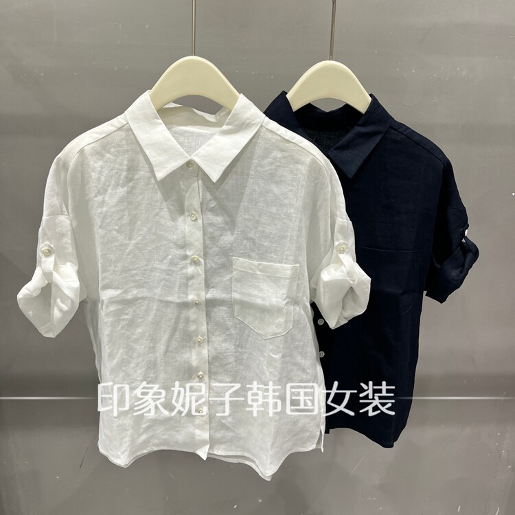 现货韩国进口2026夏季新款翻领短袖衬衫女纽扣口袋