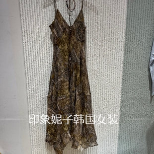 欧洲站吊带中长裙印花2026年夏季收腰连衣裙韩国仙女风298