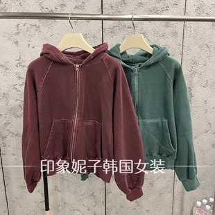 欧洲站 2026 秋冬做旧连帽拉链短款卫衣外套女