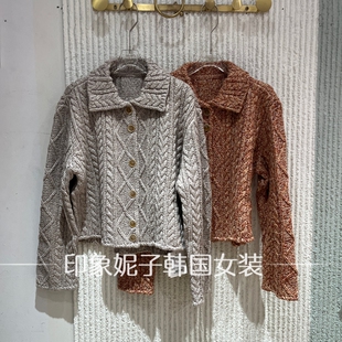 欧洲站 2026 秋冬翻领麻花针织开衫女短款复古毛衣外套158518