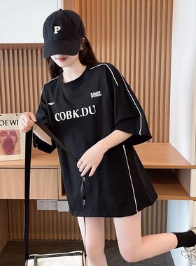 美式拼接100%纯棉短袖t恤夏季男女字母印花休闲百搭ins半袖上衣服