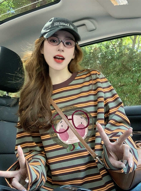 复古撞色条纹长袖t恤女2026新款早春潮牌宽松显瘦纯棉上衣打底衫