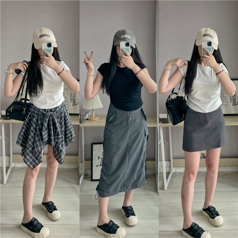 SA小树2025夏季褶皱飞袖设计正肩圆领T恤女收腰修身显瘦短袖上衣