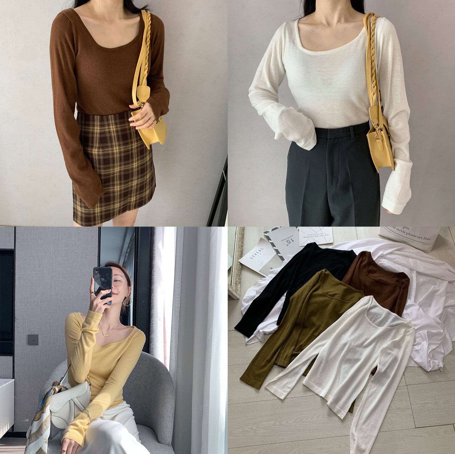 SA小树家 清仓早秋新基本款不规则方领复古显瘦羊绒打底衫女